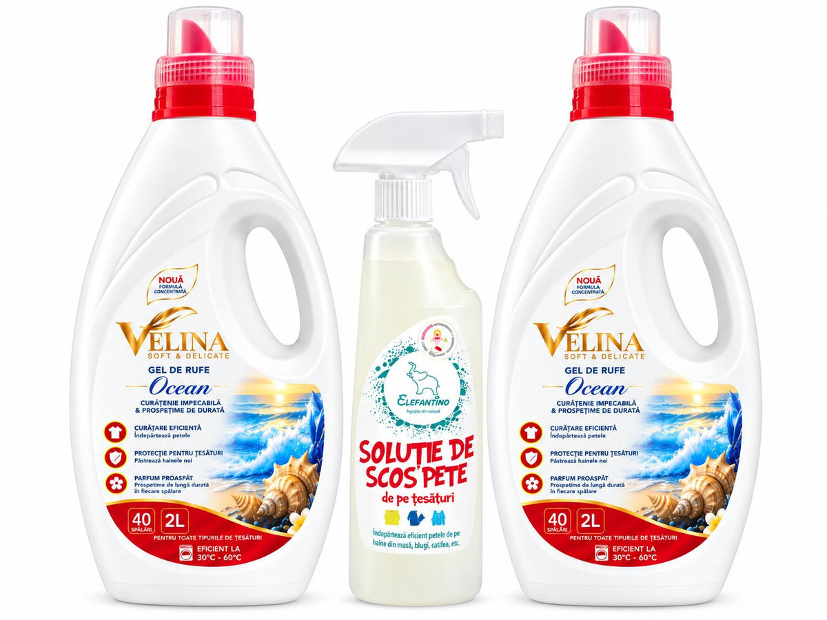 Pachet Promo Gel de Rufe Velina Ocean 2 x 2L + Soluție Pete Țesături Elefantino 750 ml Cadou