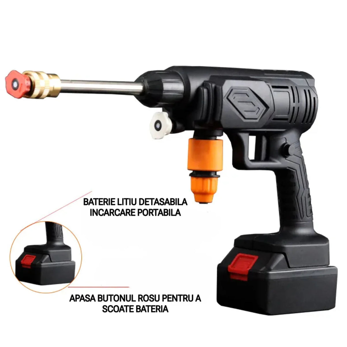 Aparat de spalat cu presiune, 25 bari, acumulator 24V, portabil, duze multifunctionale, rezervor solutie inclus
