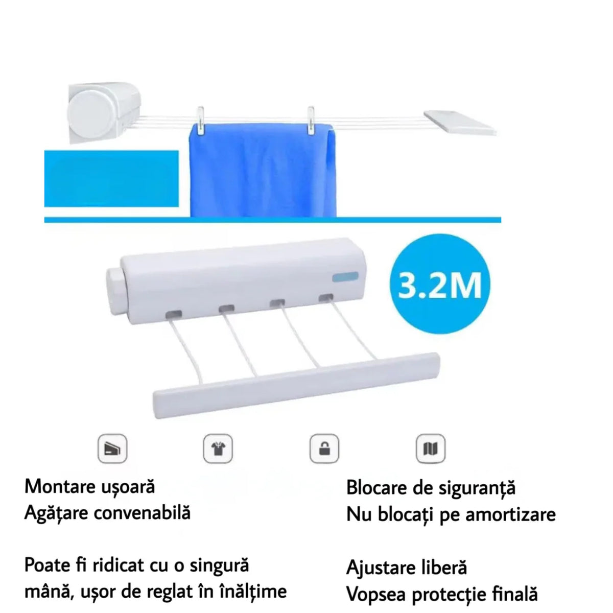Uscator de rufe retractabil, prindere pe perete, kit montaj inclus, 4 funii x 3.2 m, alb