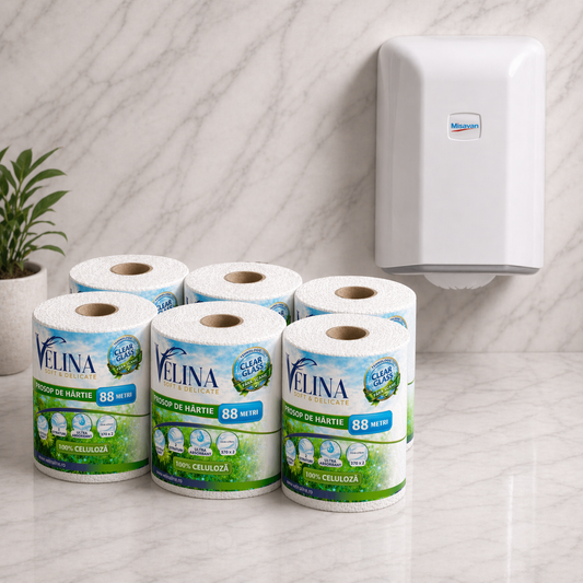 Bax 6 Role Prosop Bucatarie Velina 88m si Dispenser Misavan