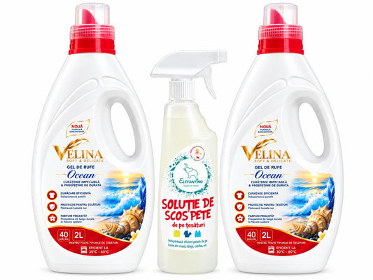 Pachet Promo Gel de Rufe Velina Ocean 2 x 2L + Soluție Pete Țesături Elefantino 750 ml Cadou