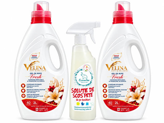 Pachet Promo Gel de Rufe Velina Fresh 2 x 2L + Soluție Pete Țesături Elefantino 750 ml Cadou